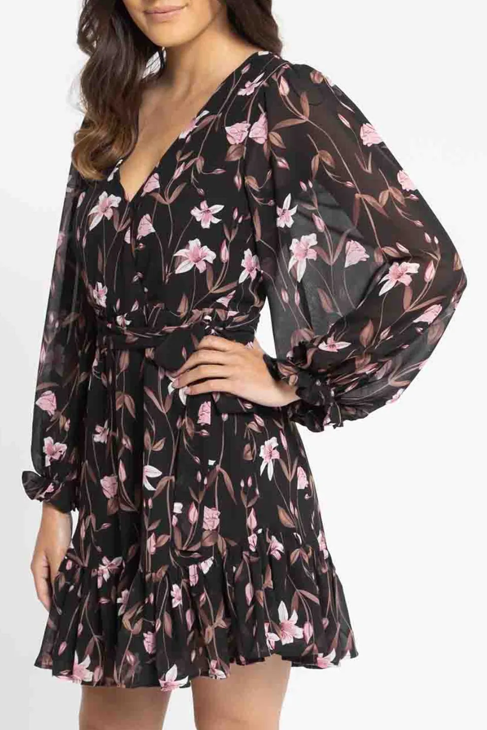 Cleo Black Floral LS Frill Mini Dress