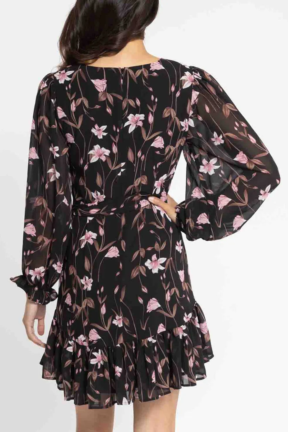 Cleo Black Floral LS Frill Mini Dress