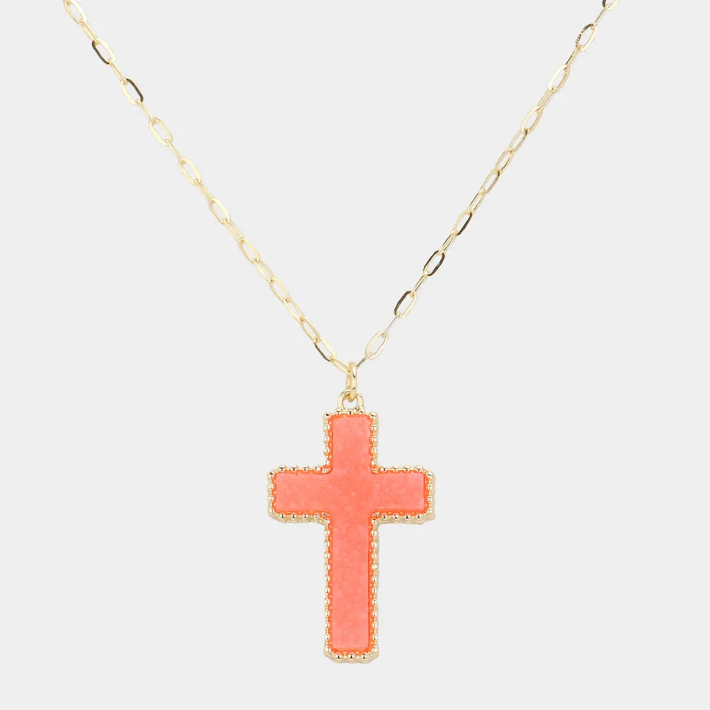 Coral Druzy Cross Pendant Necklace