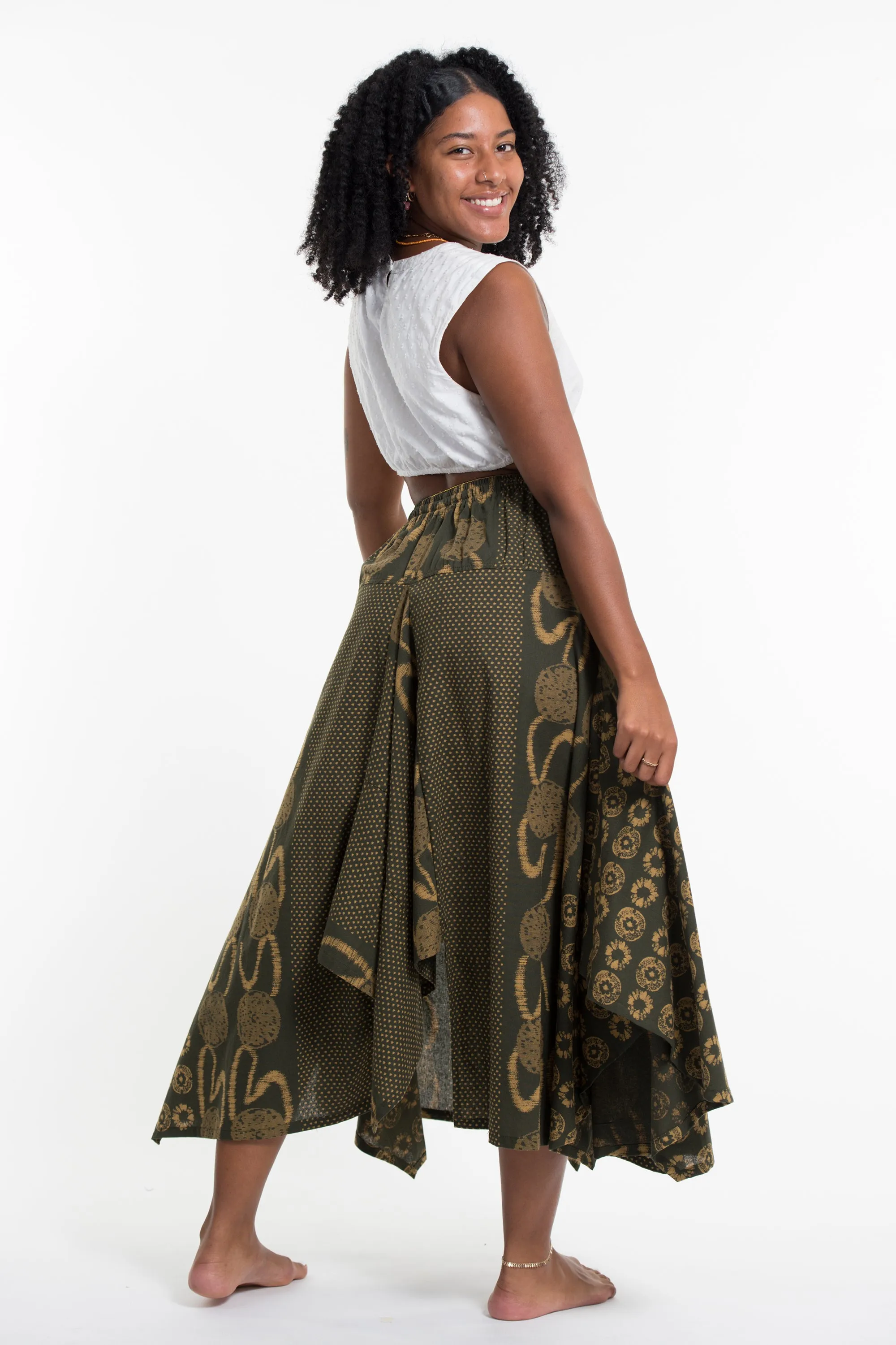 Daisy Dot Prints Cotton Handkerchief Midi Skirt in Olive