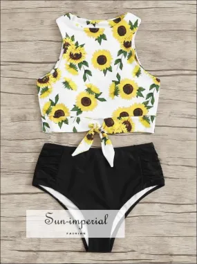 daisy print, florl print, flower printKnot front top with Dot High Waist Bikini Set - White Daisy Print top and Black bottom