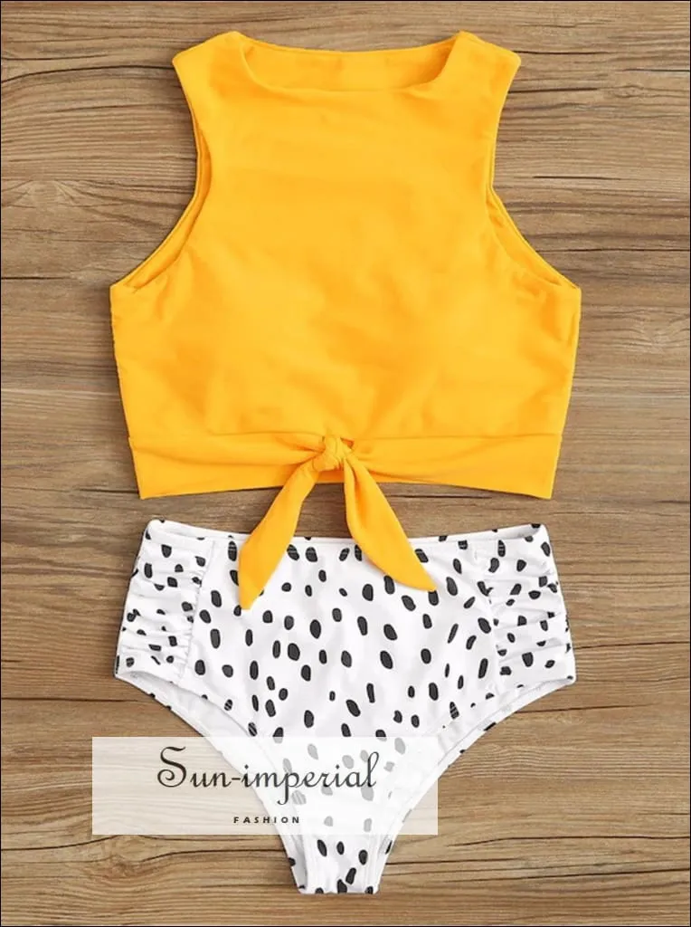 daisy print, florl print, flower printKnot front top with Dot High Waist Bikini Set - White Daisy Print top and Black bottom