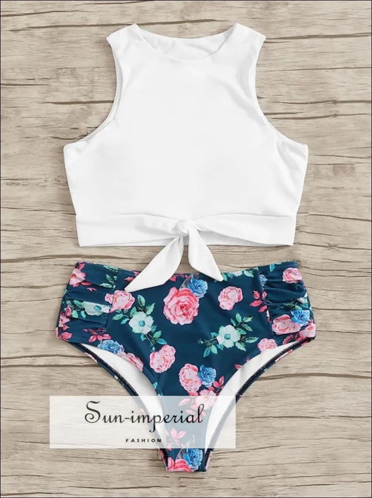 daisy print, florl print, flower printKnot front top with Dot High Waist Bikini Set - White Daisy Print top and Black bottom