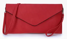 DEEP RED OVER-SIZED ENVELOPE CLUTCH BAG WITH LONG CROSS BODY AND WRISTLET STRAP