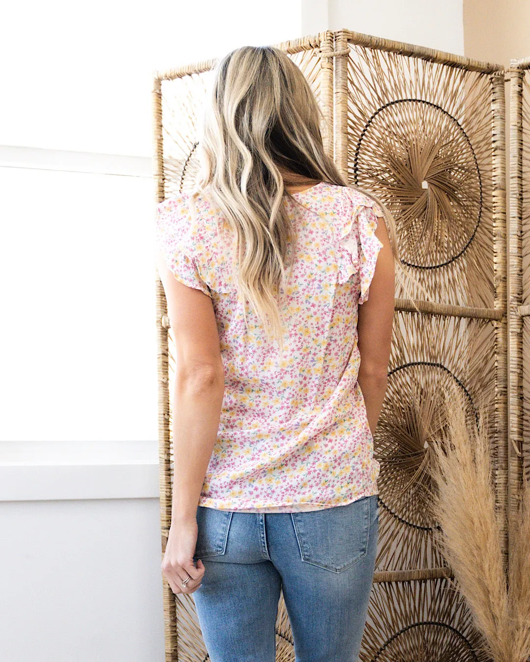 Delaney Floral Flutter Sleeve Top - Pink and Yellow