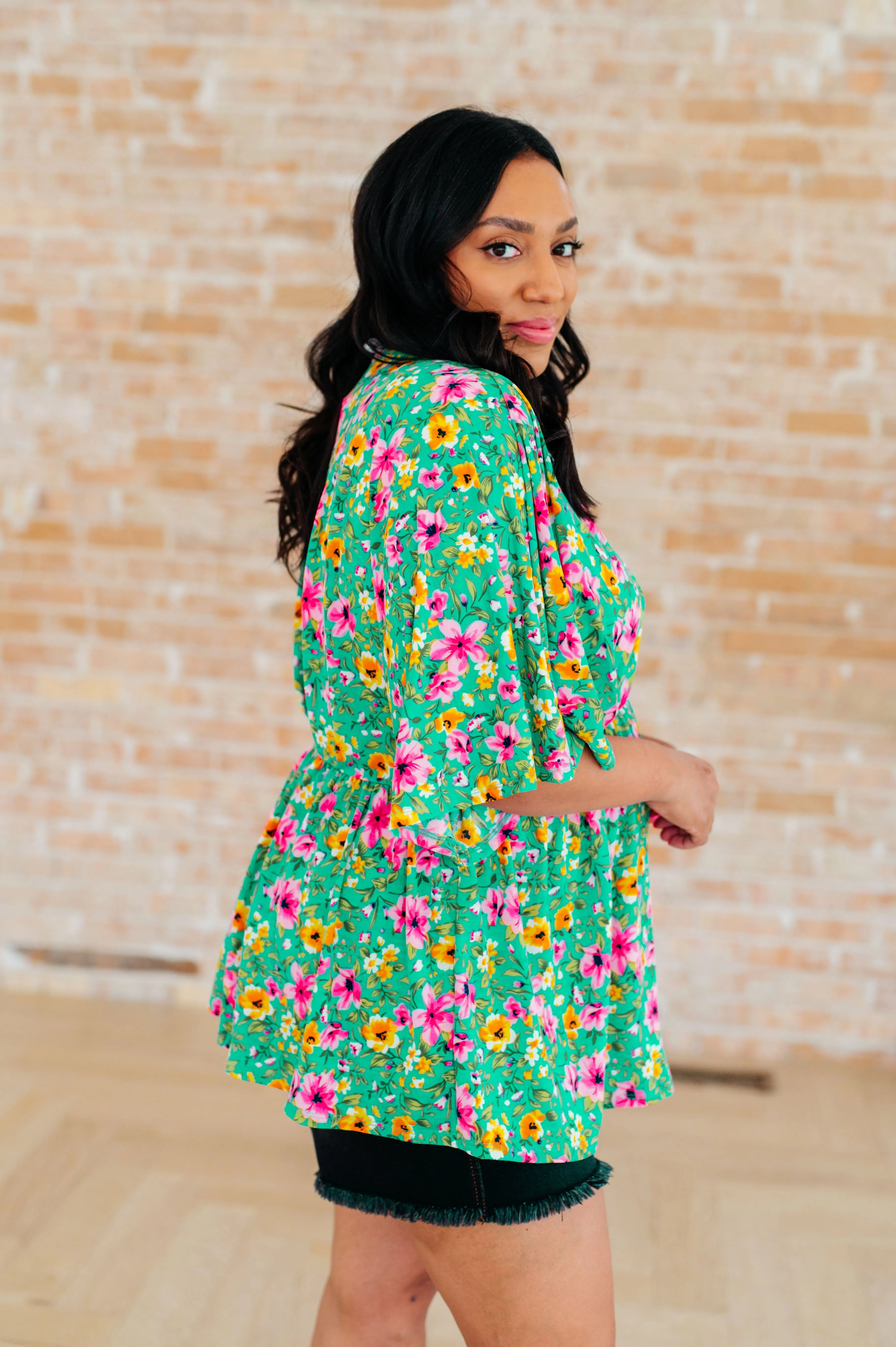 Dreamer Peplum Top in Emerald and Pink Floral