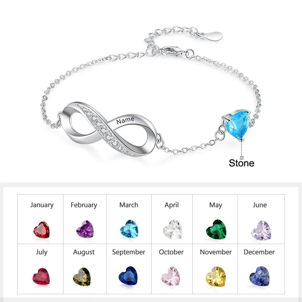 Engraved Name Infinity Bracelet With 1 Cordate Birthstone