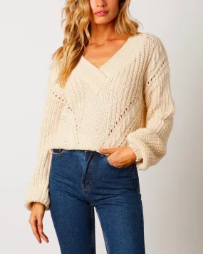 Final Sale - Better Now - Ribbed Trim Bishop Sleeve Sweater - Ivory