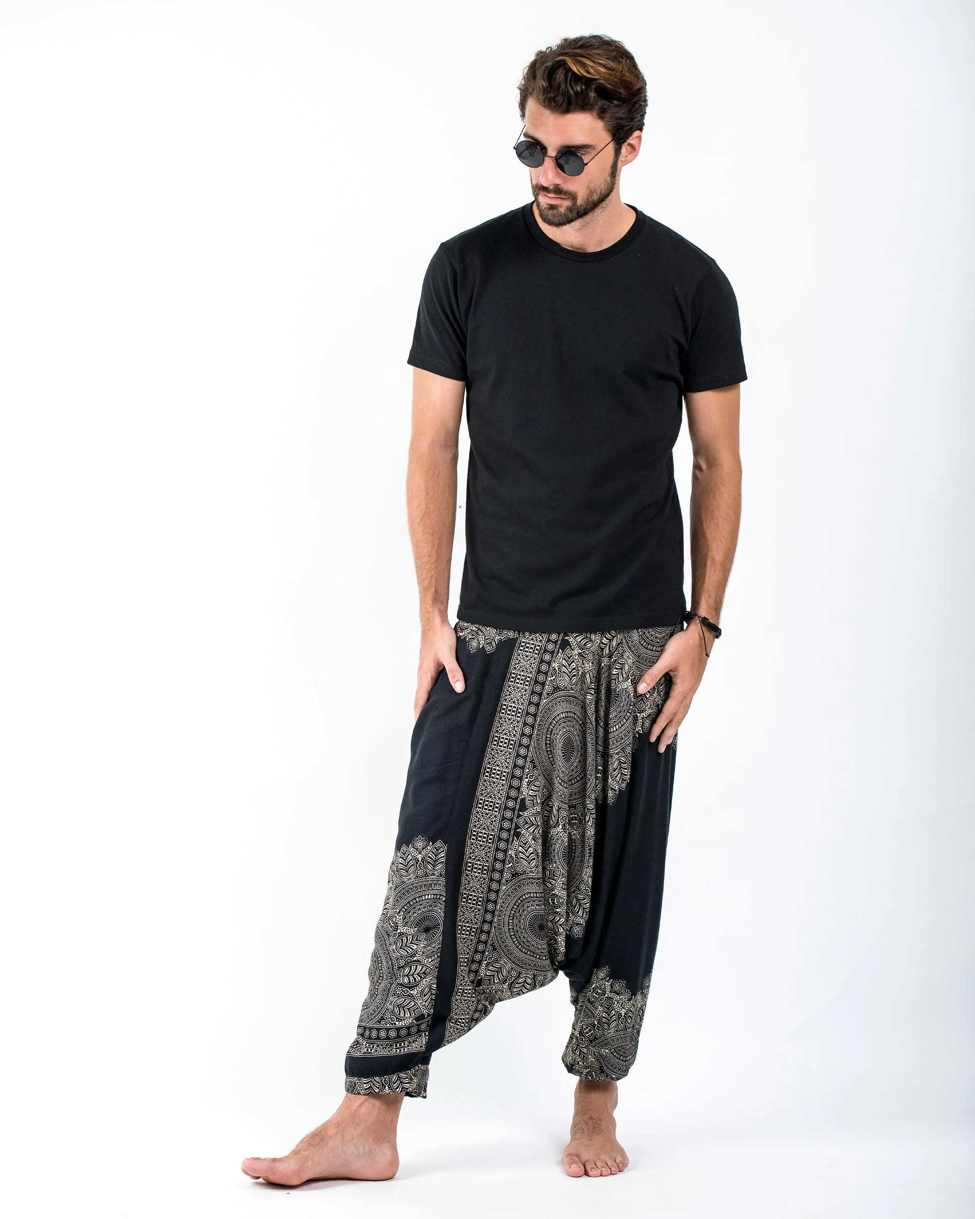 Floral Mandalas Drop Crotch Men's Harem Pants in Black