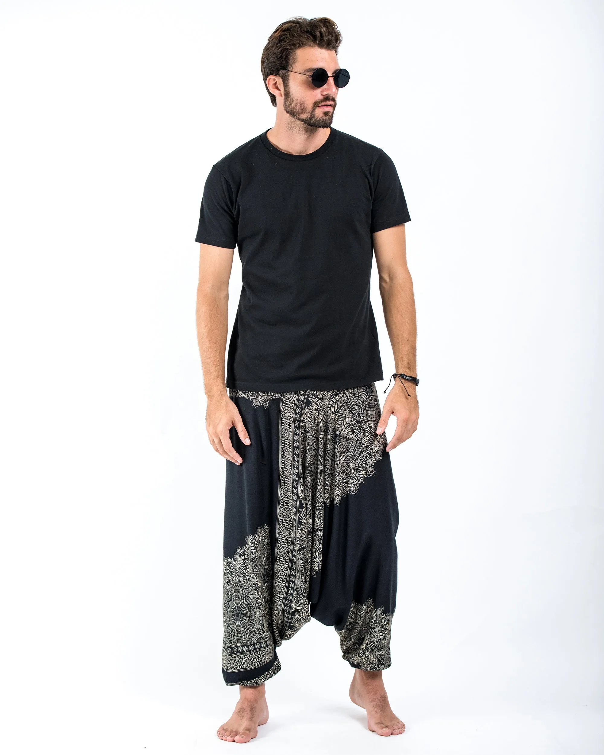 Floral Mandalas Drop Crotch Men's Harem Pants in Black