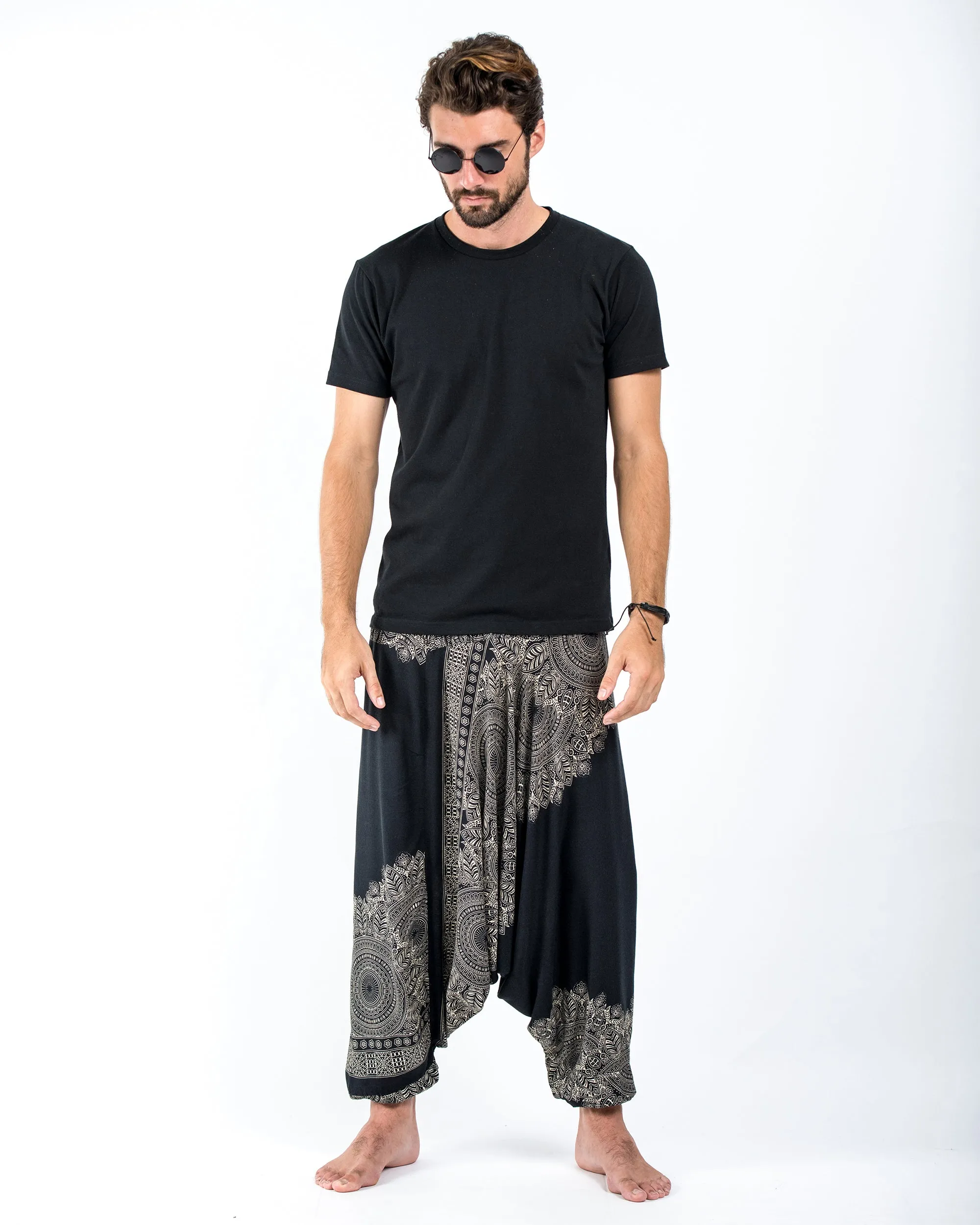 Floral Mandalas Drop Crotch Men's Harem Pants in Black