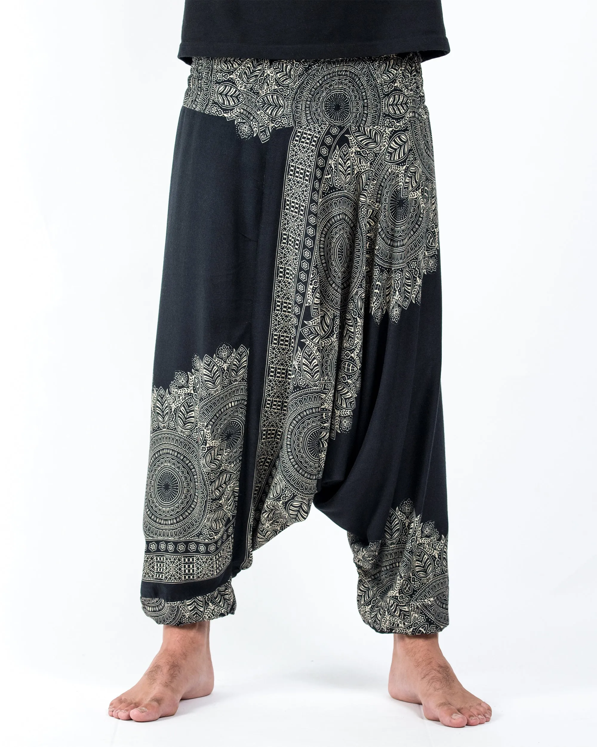 Floral Mandalas Drop Crotch Men's Harem Pants in Black