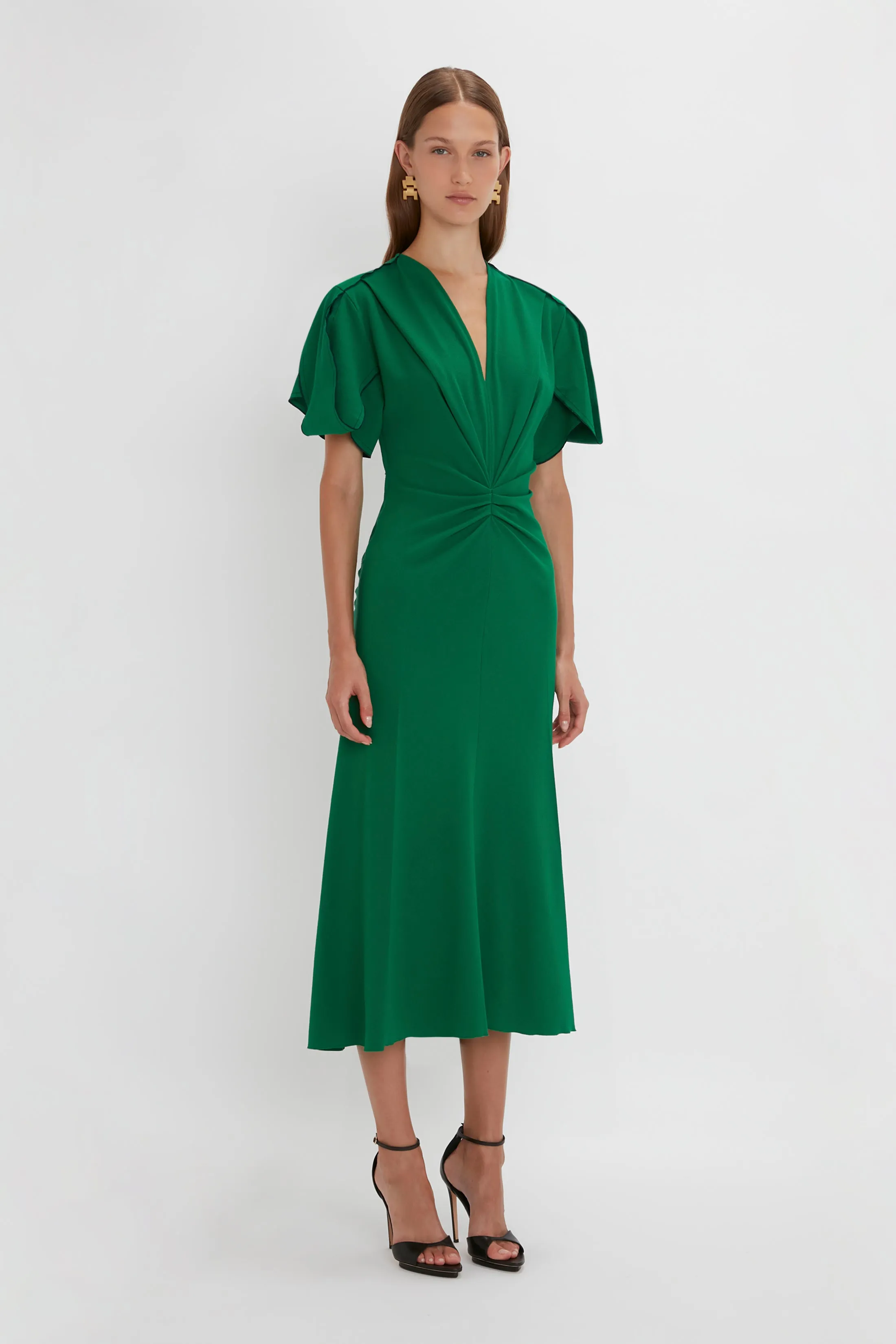 Gathered V-Neck Midi Dress in Emerald