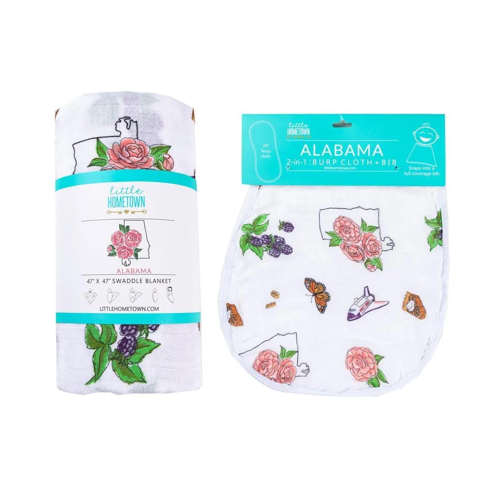 Gift Set: Alabama Floral Baby Muslin Swaddle Blanket and Burp Cloth/Bib Combo