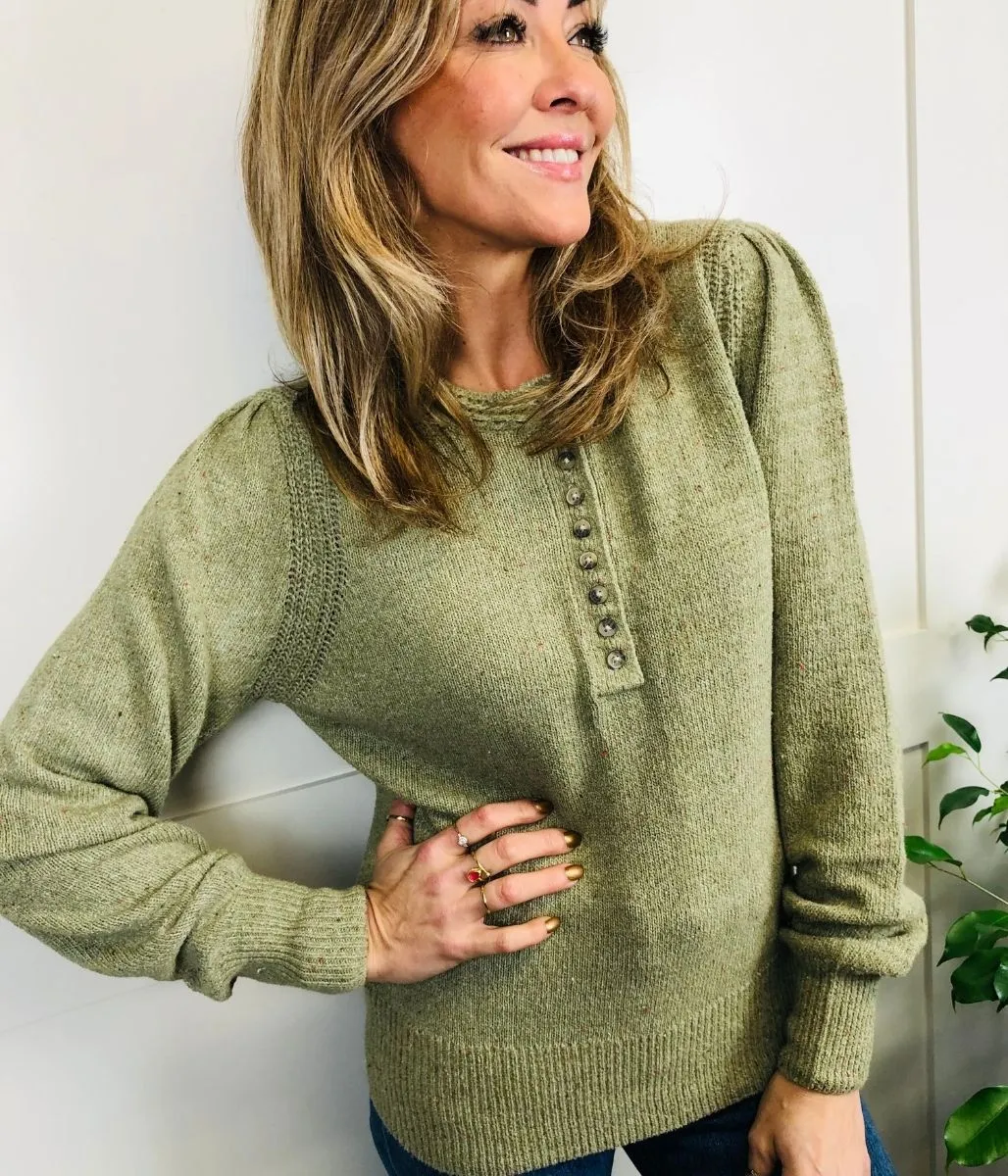 Green Cotton Rich Textured Button Detail Jumper