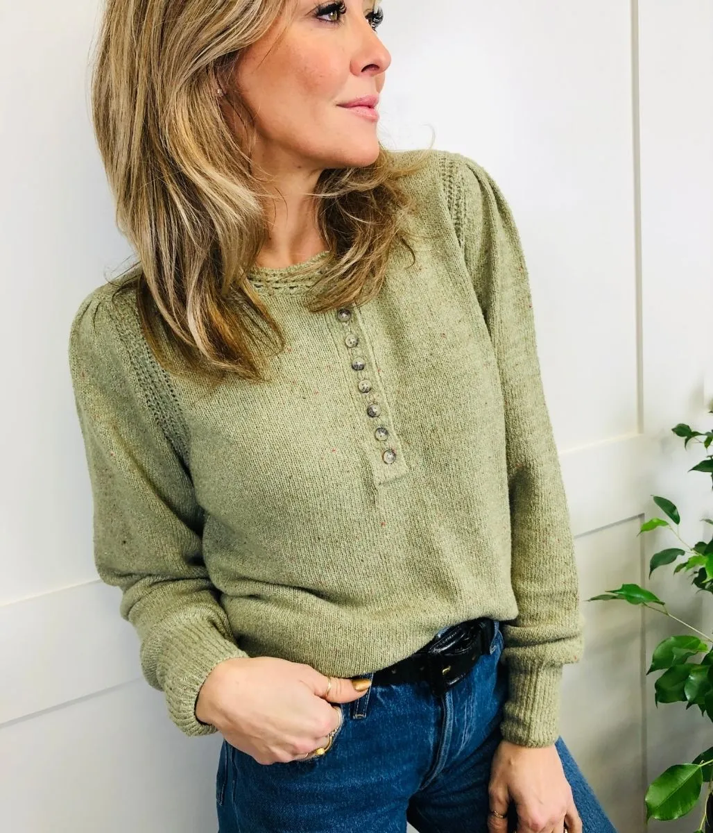 Green Cotton Rich Textured Button Detail Jumper