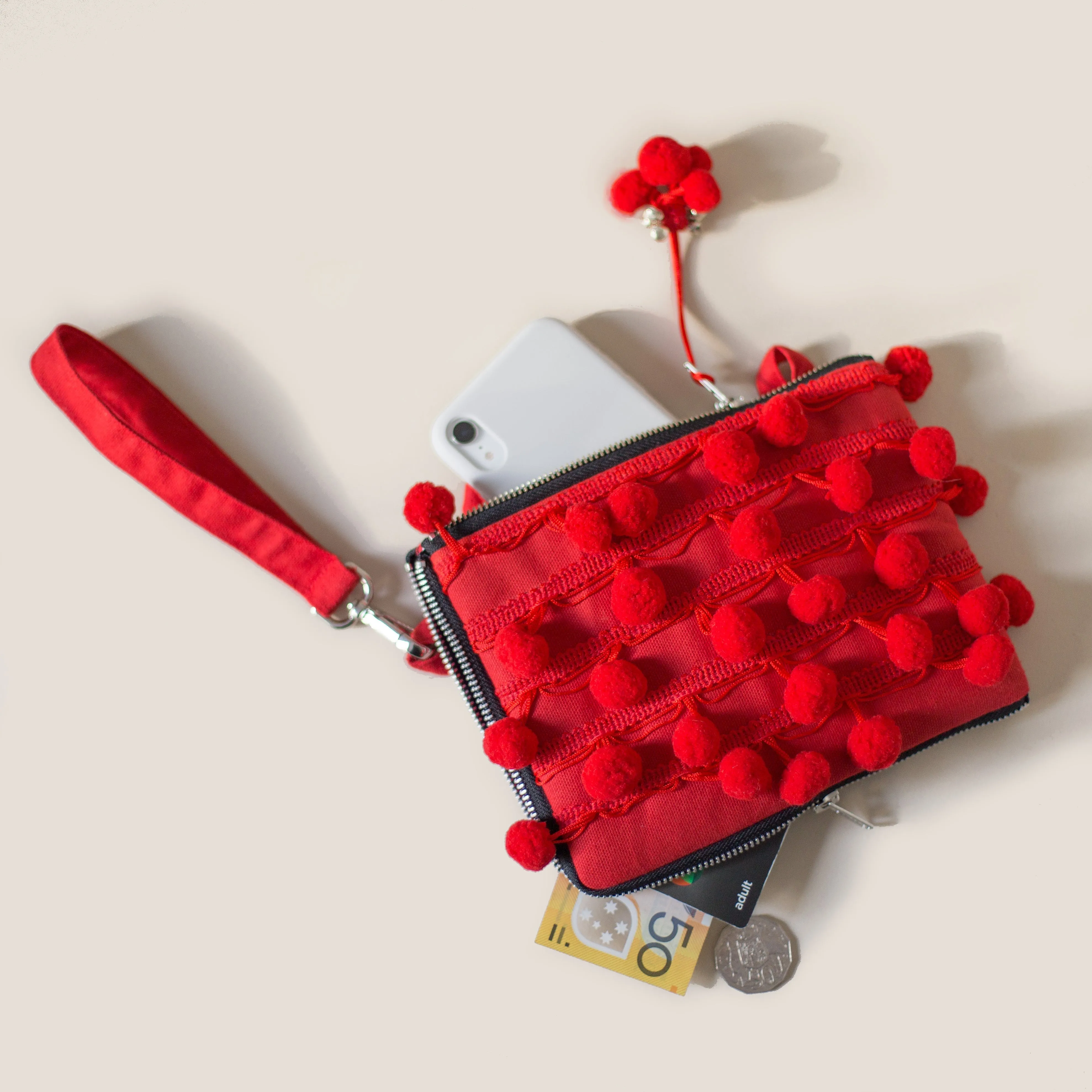 Ha Leh Handmade Pom Pom Mini Crossbody Bag in Red