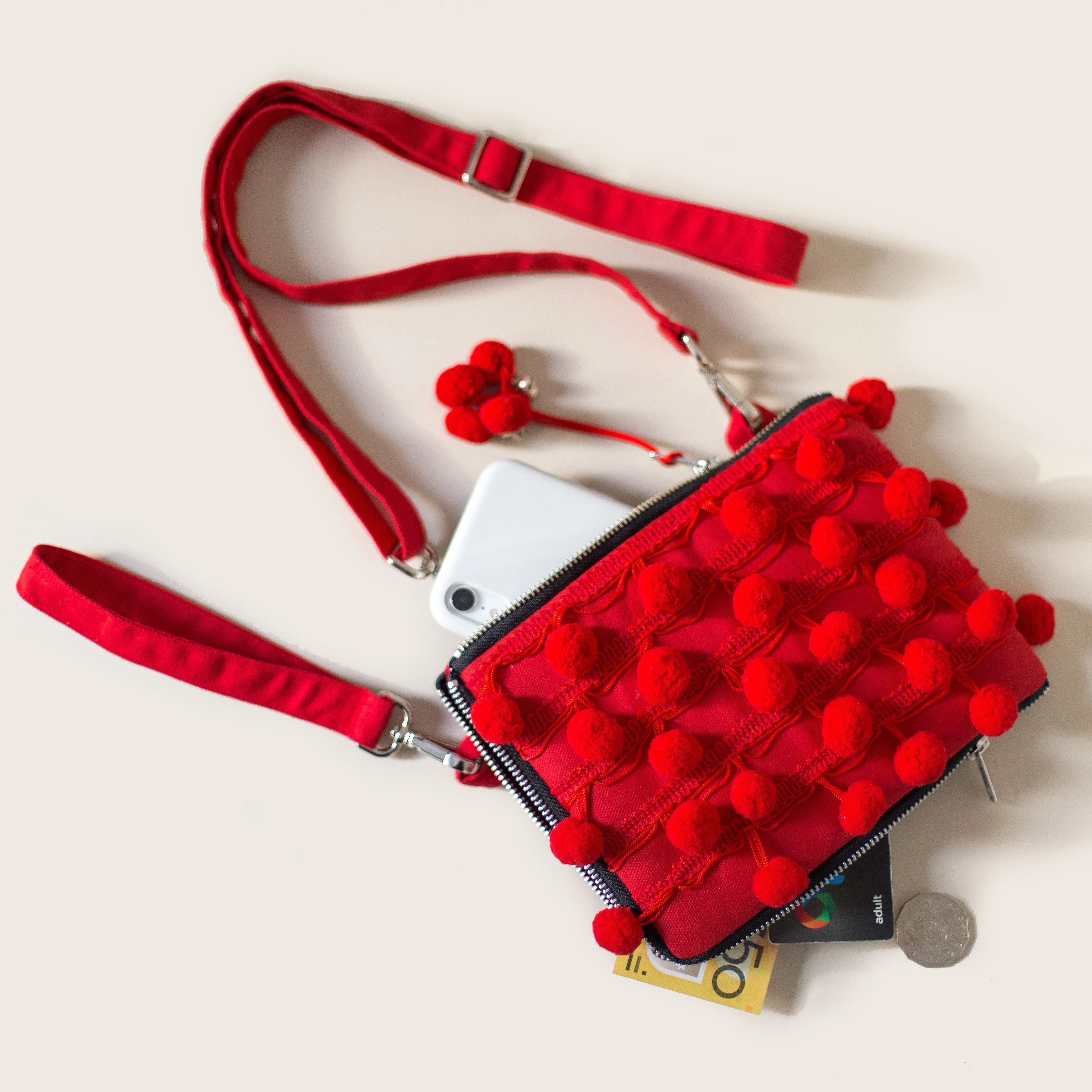 Ha Leh Handmade Pom Pom Mini Crossbody Bag in Red