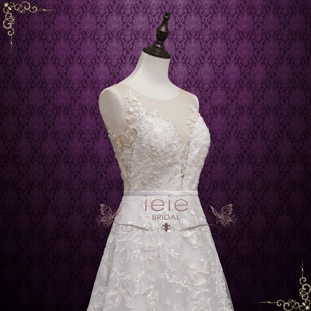 Lace Boho Slim A-line Wedding Dress with Illusion Neckline GREELEY