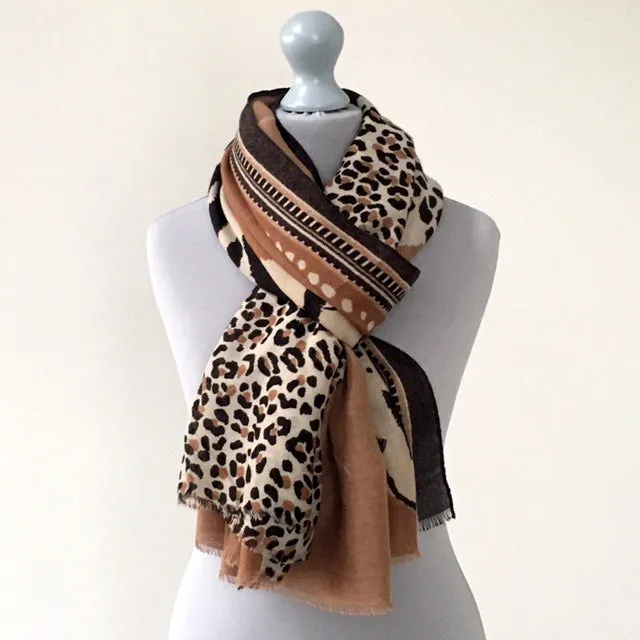 LARGE CAMEL COTTON MIX TIGER AND LEOPARD PRINT SHAWL SCARF