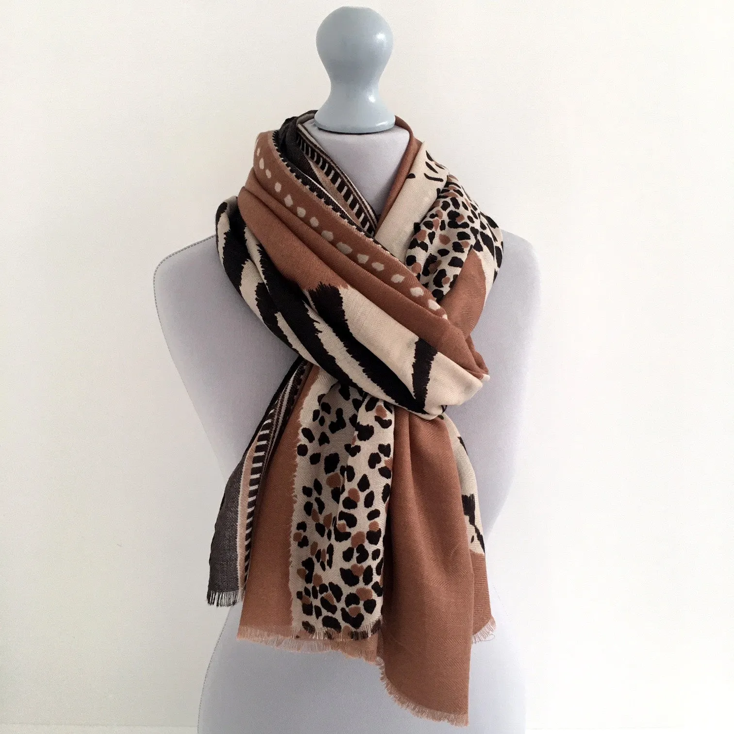 LARGE CAMEL COTTON MIX TIGER AND LEOPARD PRINT SHAWL SCARF