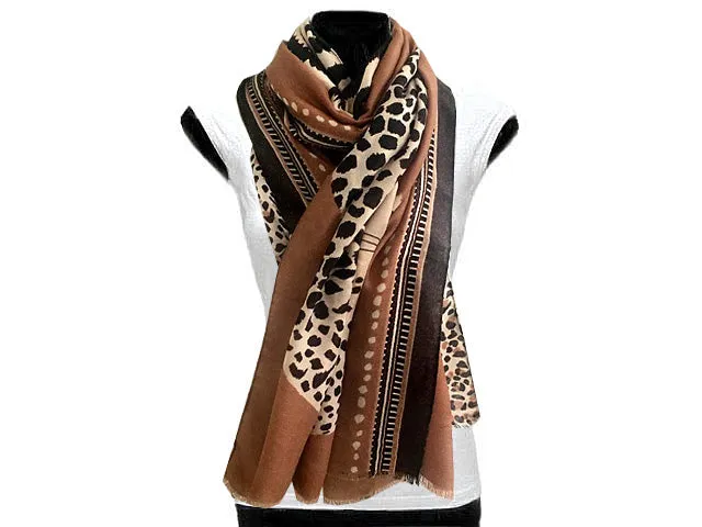 LARGE CAMEL COTTON MIX TIGER AND LEOPARD PRINT SHAWL SCARF