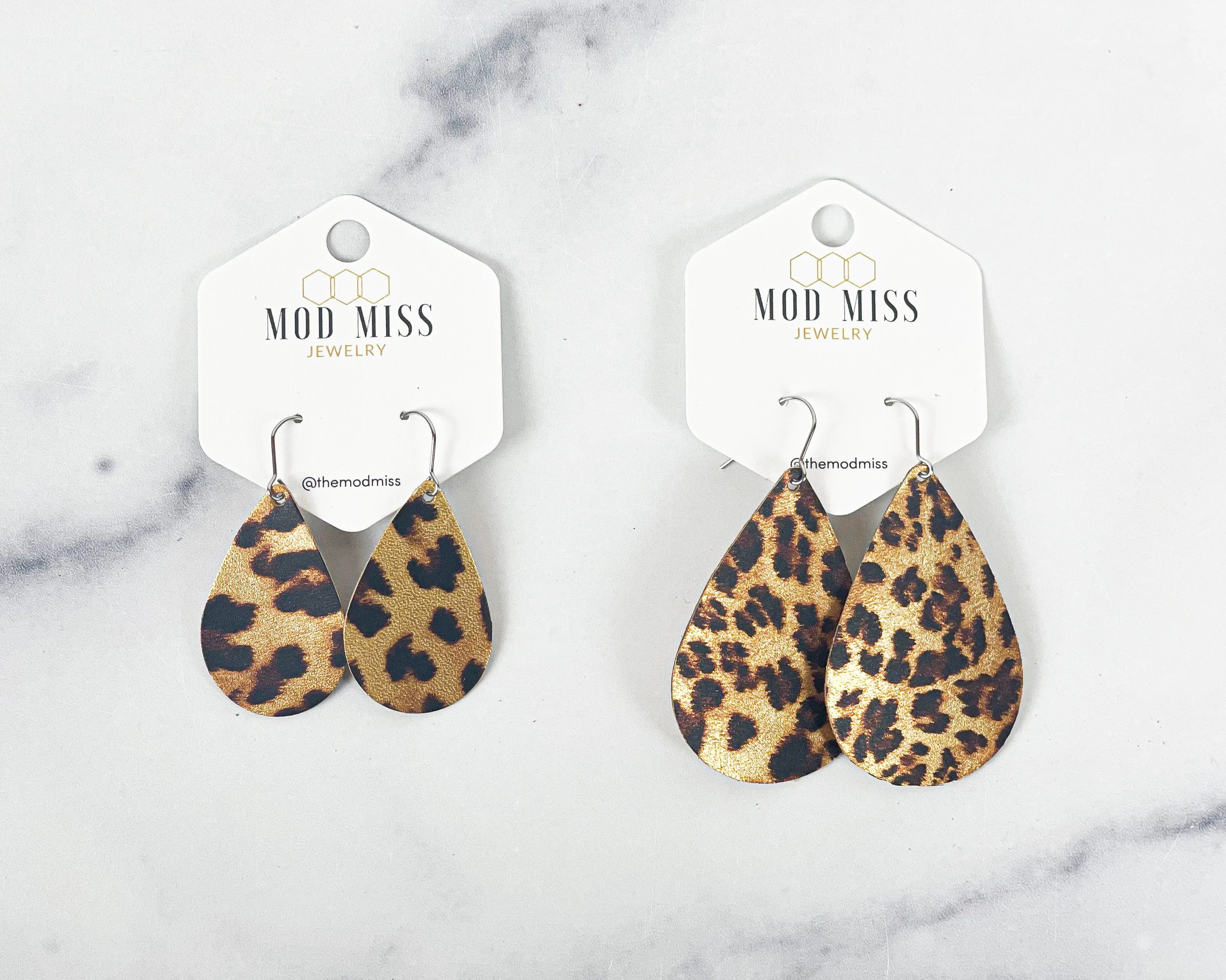 Leather Teardrop Earring Leopard Metallic