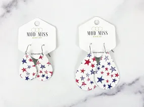 Leather Teardrop Earring Patriotic Stars Scribbles