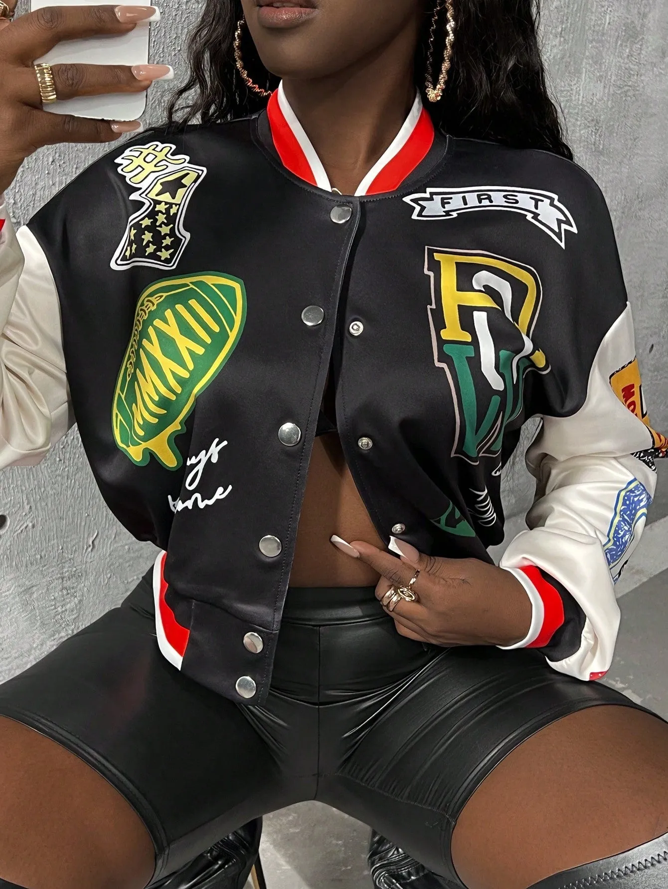 Letter Graphic Striped Trim Varsity Jacket