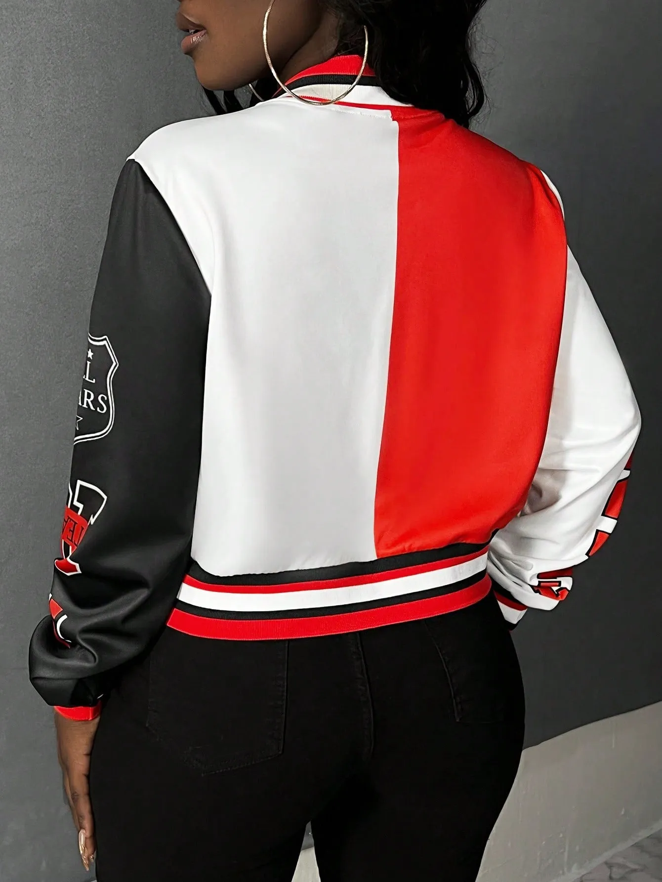 Letter Graphic Striped Trim Varsity Jacket