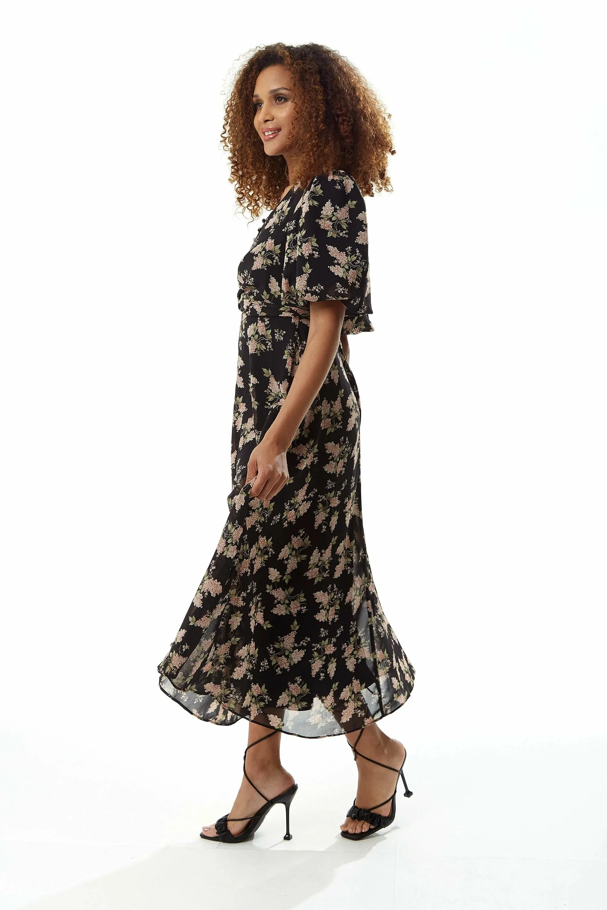 Liquorish Floral Midi Dress With Tie Waist