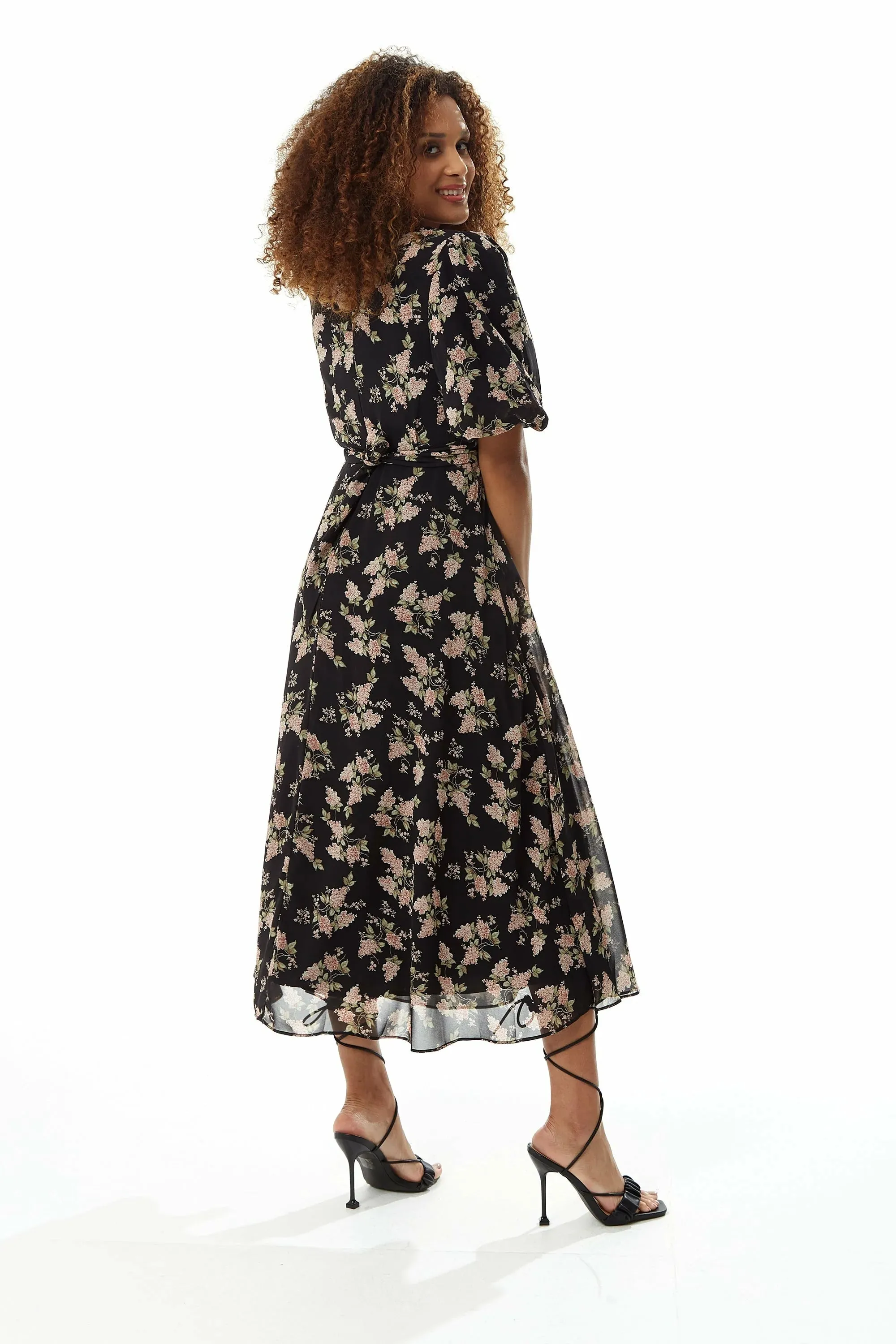 Liquorish Floral Midi Dress With Tie Waist