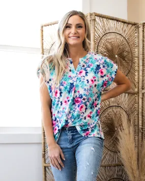 Lizzie Notched Neck Floral Top - Mint & Hot Pink