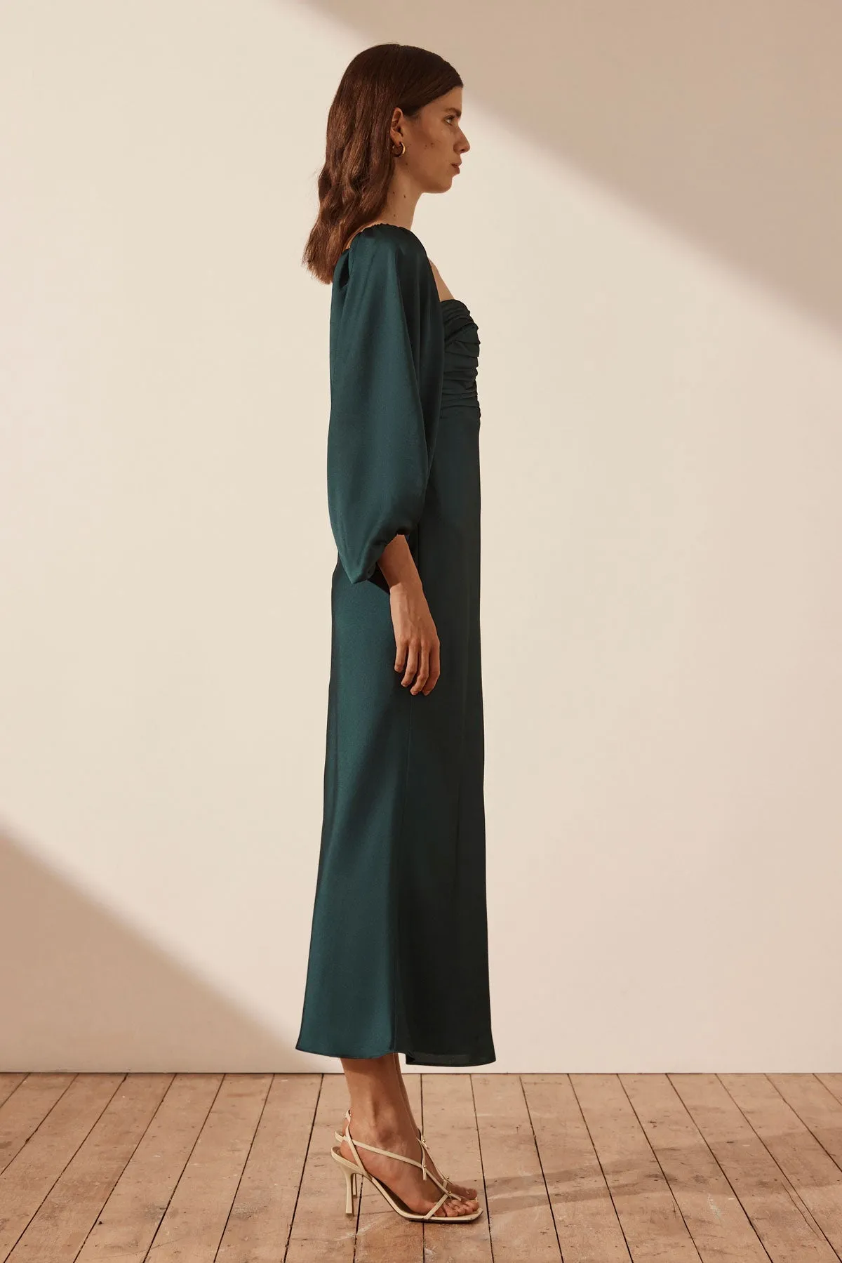 LUXE RUCHED BODICE LONG SLEEVE MIDI DRESS - EMERALD