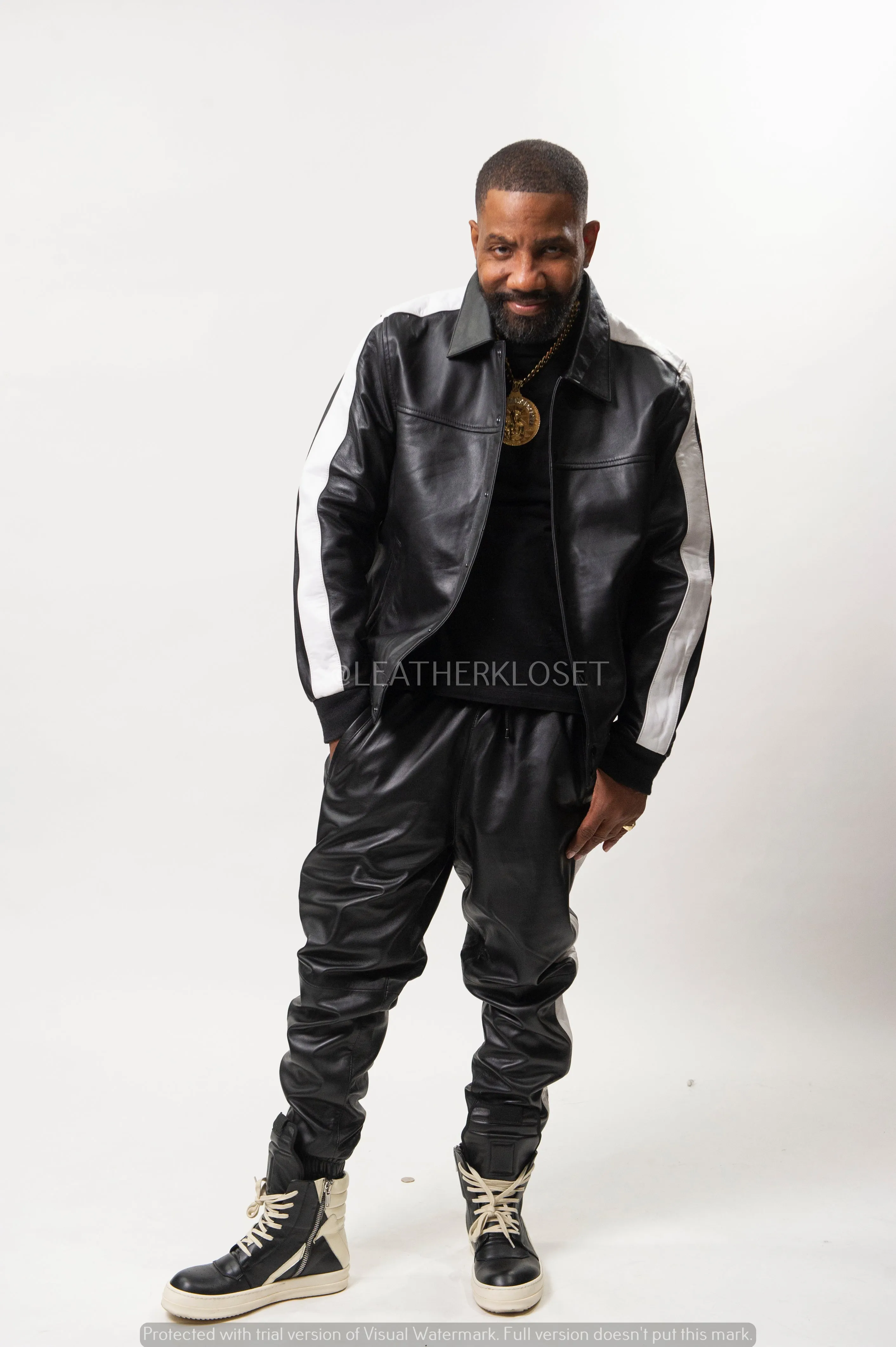 Men's Leather Track Suit Sweatsuit [Black/White]