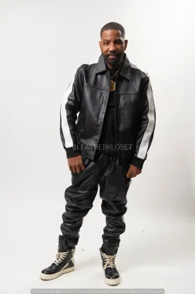 Men's Leather Track Suit Sweatsuit [Black/White]