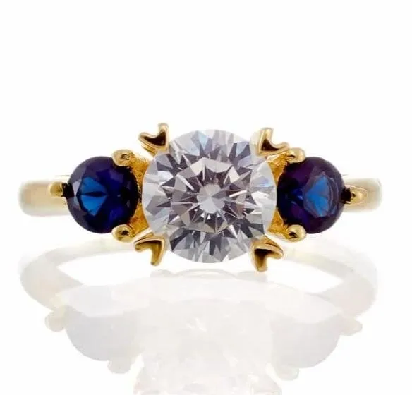 Round and Sapphire Blue Accent Cubic Zirconia Engagement Ring - Yellow Gold Plated Sterling Silver