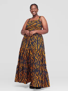 Safari Anga Strappy Tie Back Maxi Dress - Navy / Mustard Ankara Print