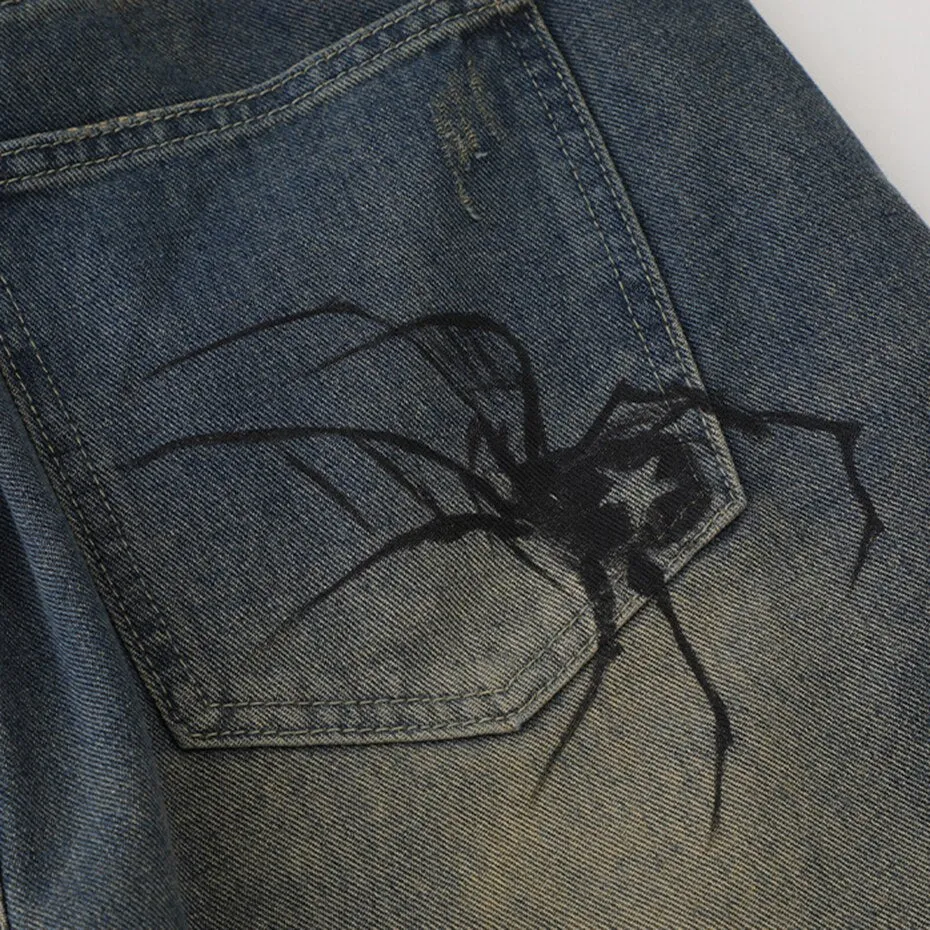 Spider Print Denim Shorts