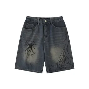 Spider Print Denim Shorts