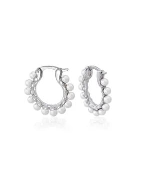 Sterling Silver Rhodium Plated Medium Hoop 18mm, Earrings, for Women with Post and Organic Pearl, 3mm Round White Pearl, Ada Collection