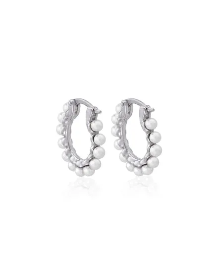 Sterling Silver Rhodium Plated Medium Hoop 18mm, Earrings, for Women with Post and Organic Pearl, 3mm Round White Pearl, Ada Collection