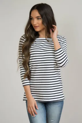 Striped Nursing Top - 3/4 Sleeves With Hidden Zipper- Black/White