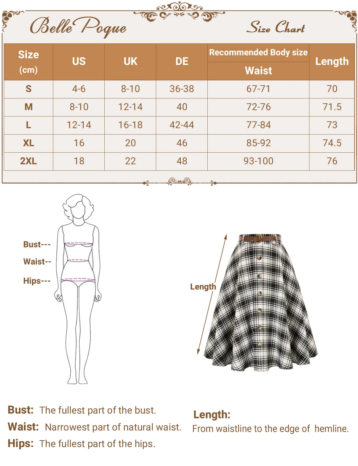 Swing Plaid Skirt with Belt Elastic High Waist Buttons Decorated Skirt