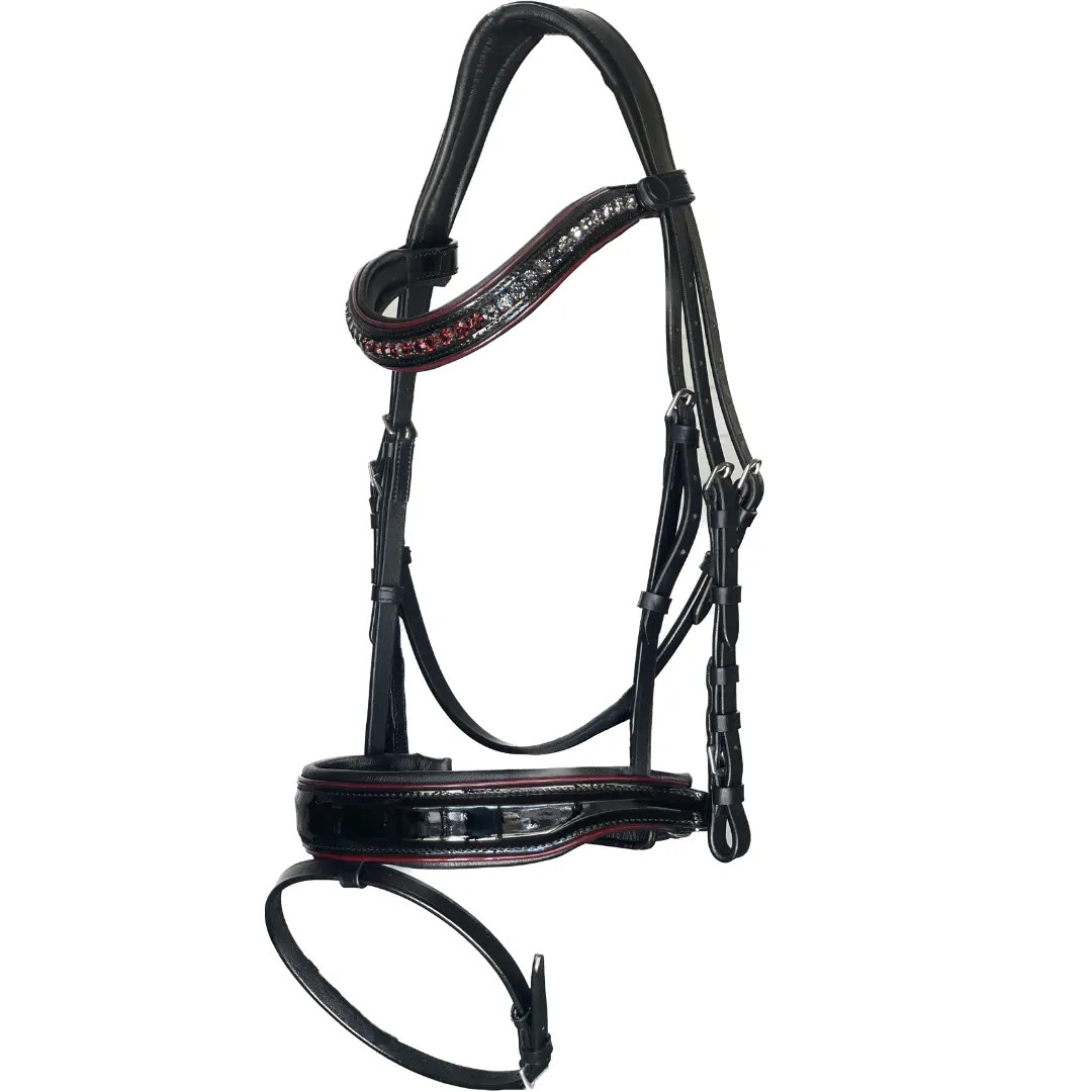 The Hayworth - Black Patent Snaffle with Burgundy Patent Piping & Removable Flash