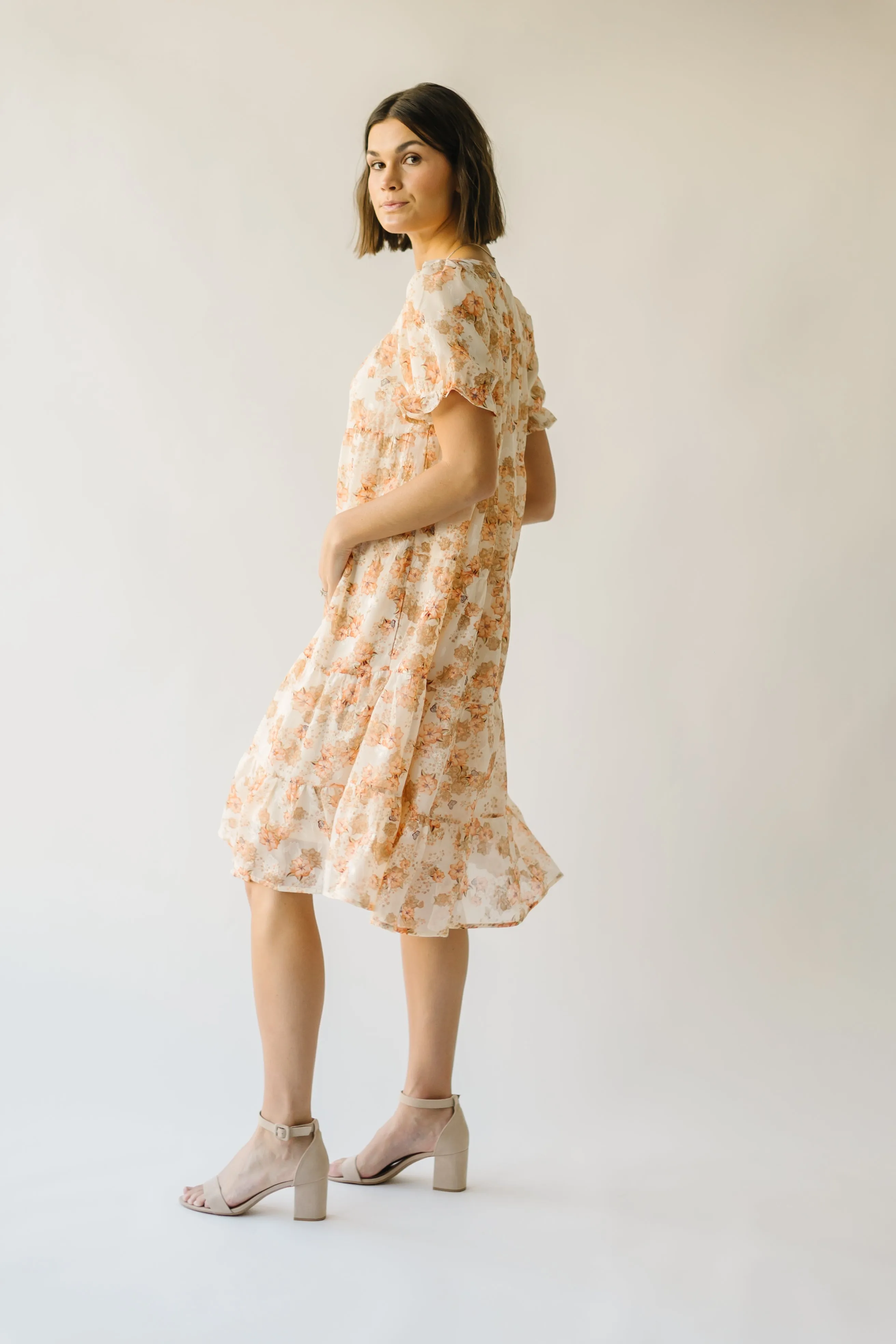 The Landero Floral Tiered Midi Dress in Cream Multi