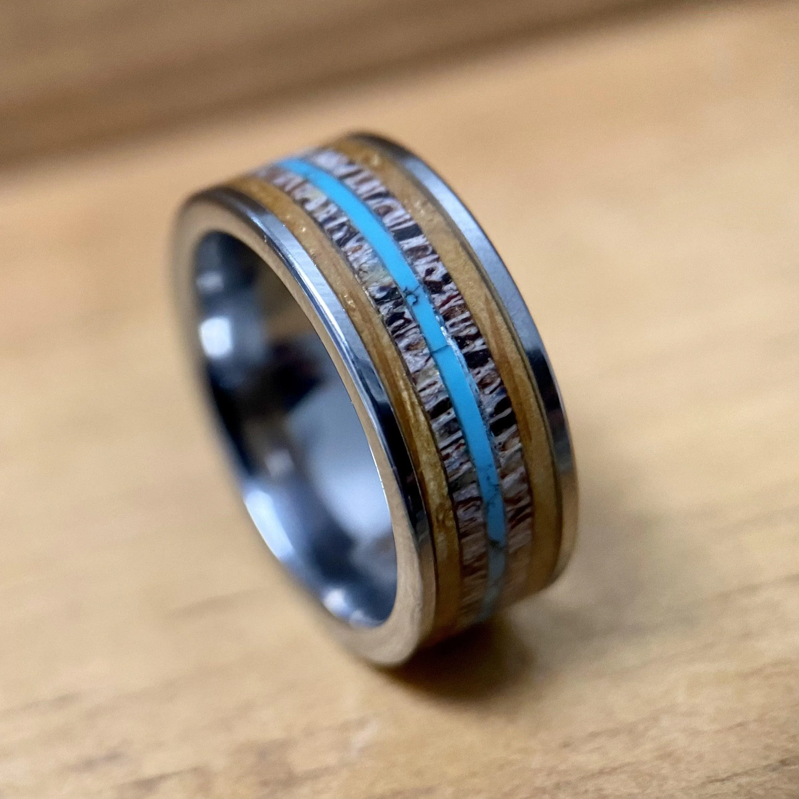 “The Westerner” Tungsten Ring With Reclaimed Bourbon Barrel, Antler and Turquoise