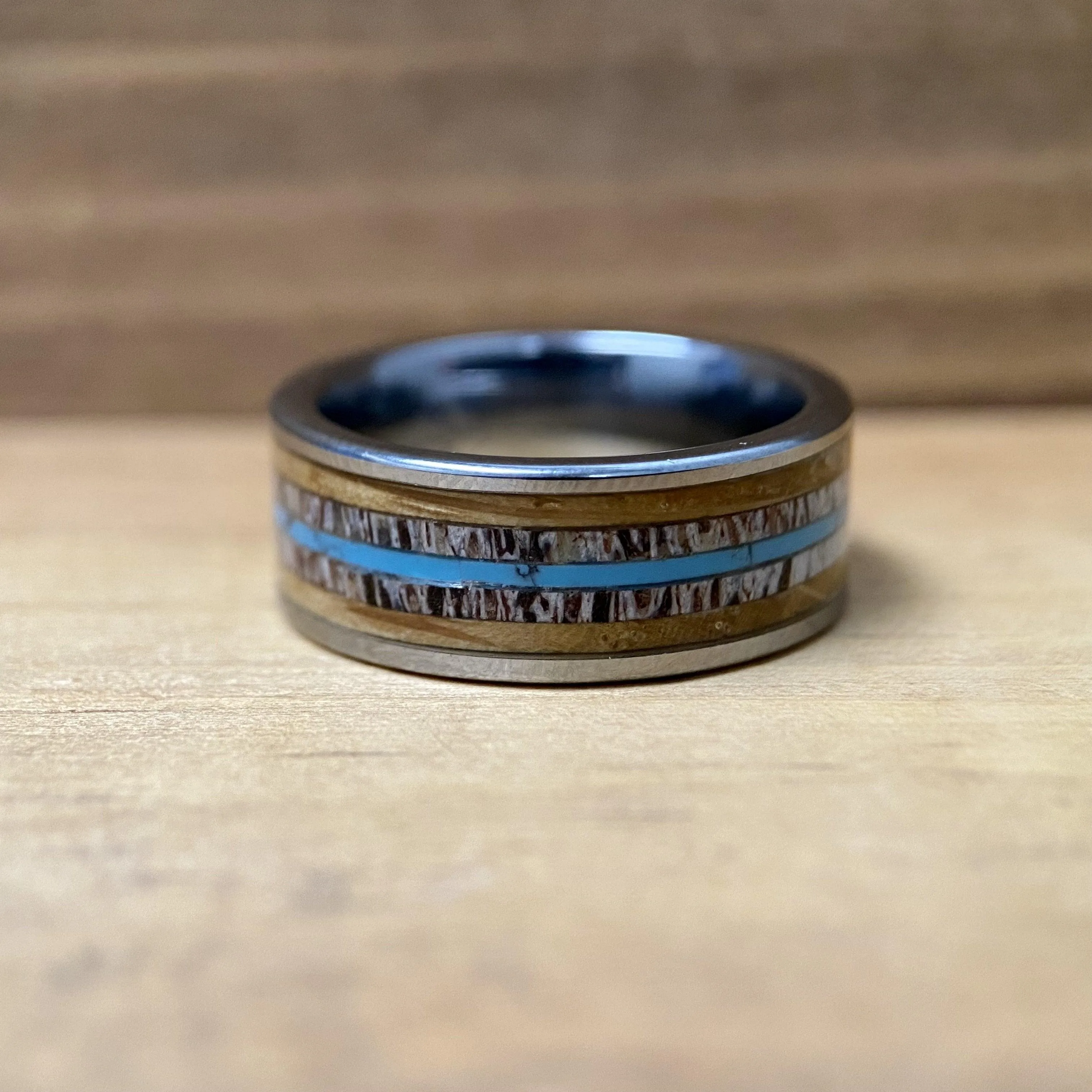 “The Westerner” Tungsten Ring With Reclaimed Bourbon Barrel, Antler and Turquoise