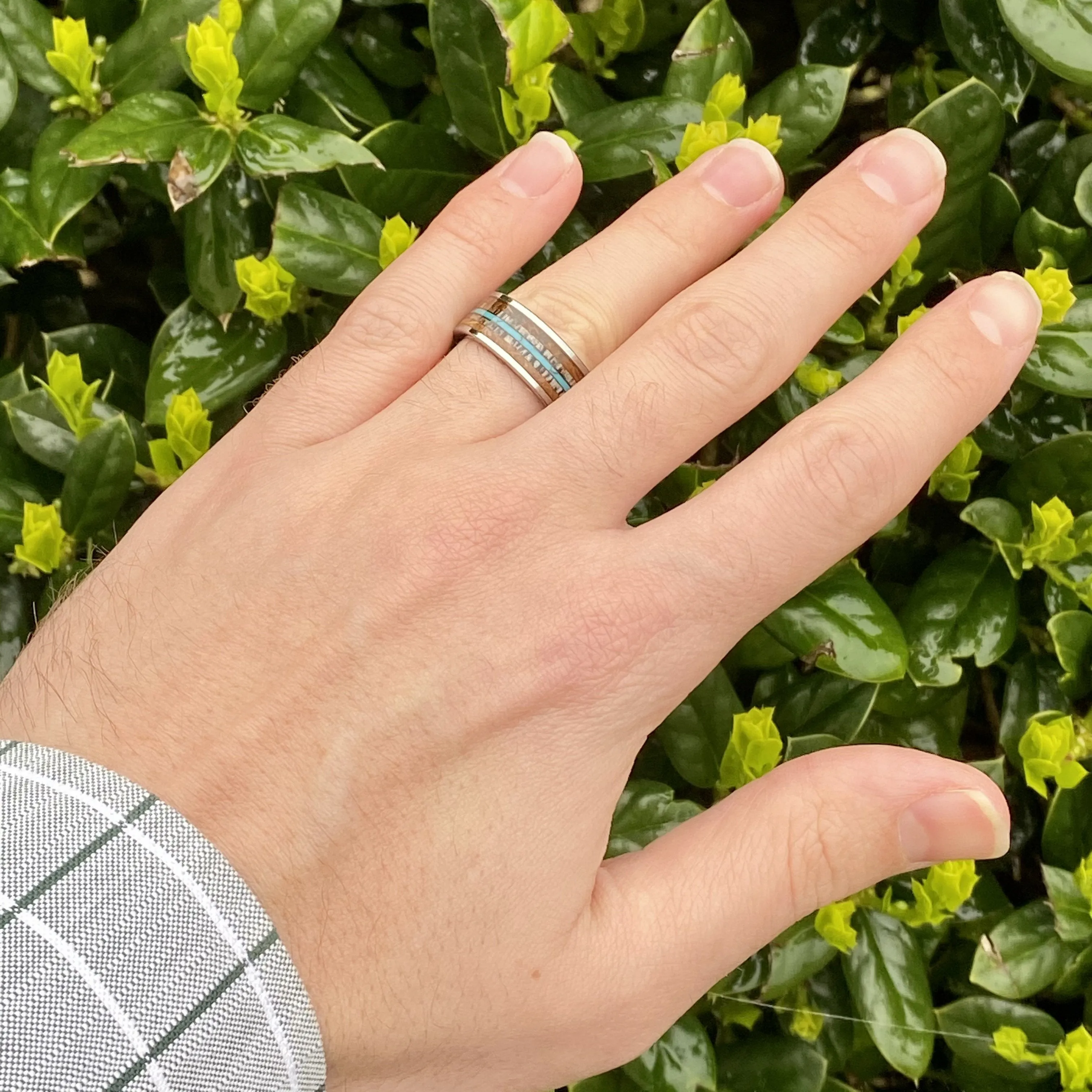 “The Westerner” Tungsten Ring With Reclaimed Bourbon Barrel, Antler and Turquoise