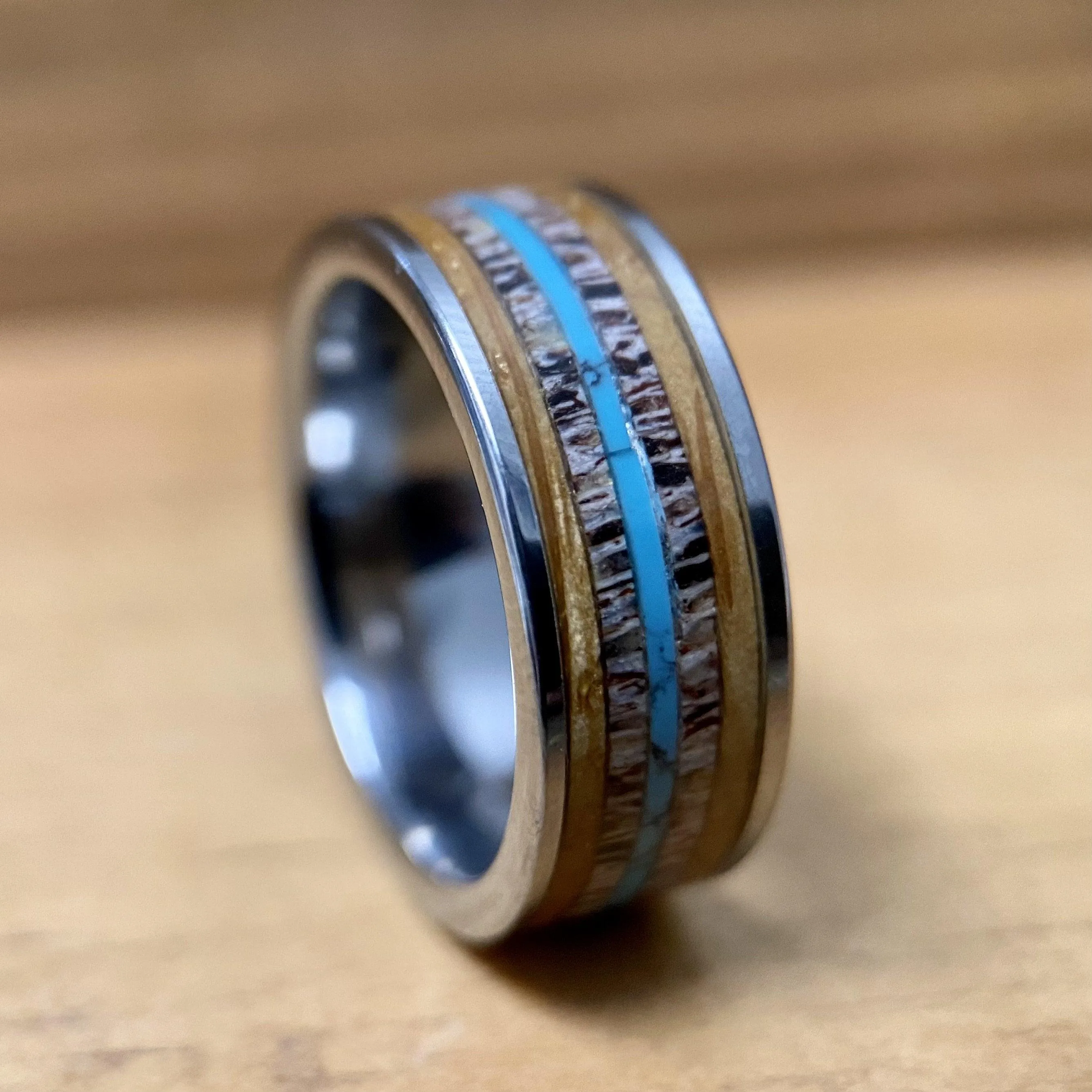 “The Westerner” Tungsten Ring With Reclaimed Bourbon Barrel, Antler and Turquoise